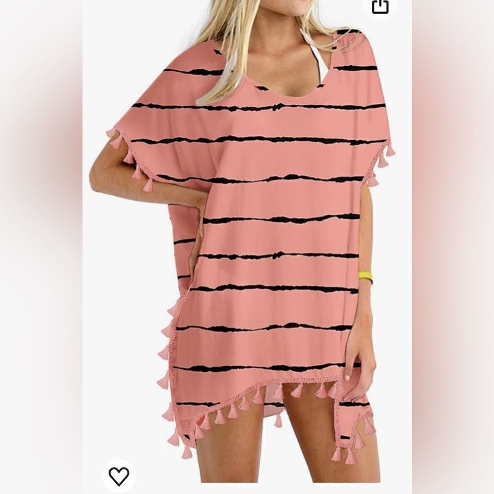 Yincro coral/black striped Chiffon Tassel Swimsuit Cover Up Beach